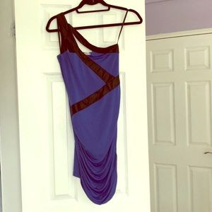 Blue and black pleather bodycon one shoulder dress